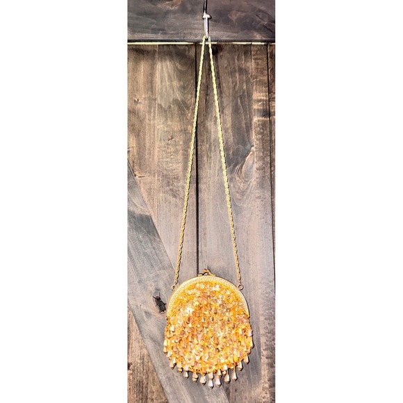 Vintage Gold Sequin Beaded Evening Bag Yellow Satin Kiss Lock Chain Strap Purse - Picture 5 of 7